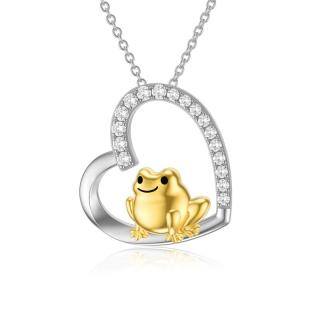 Sterling Silver Two-tone Circular Shaped Cubic Zirconia Frog & Heart Pendant Necklace-50