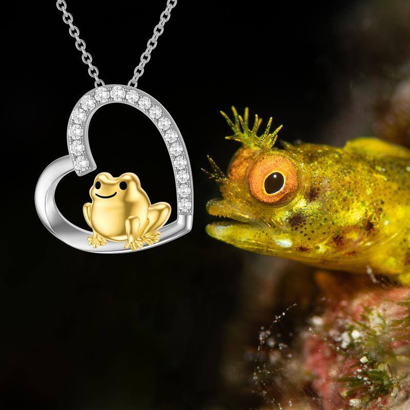 Sterling Silver Two-tone Circular Shaped Cubic Zirconia Frog & Heart Pendant Necklace-3