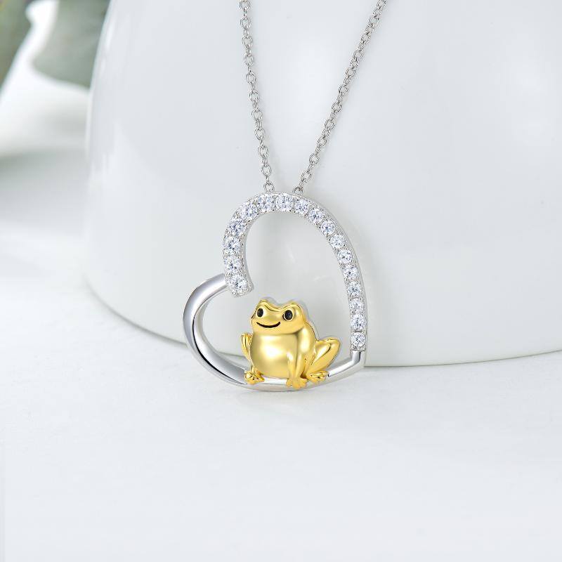 Sterling Silver Two-tone Circular Shaped Cubic Zirconia Frog & Heart Pendant Necklace-4