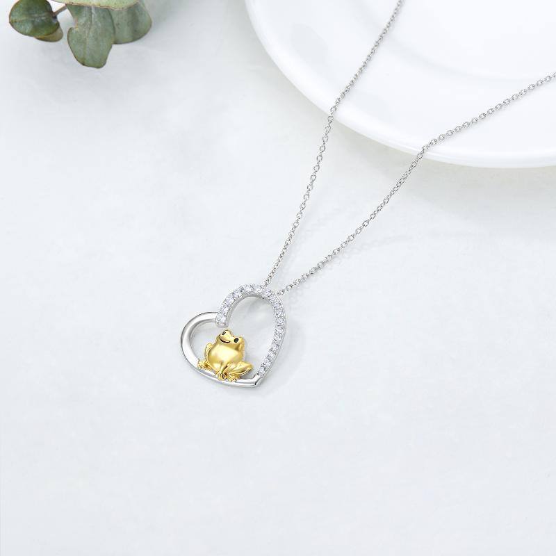 Sterling Silver Two-tone Circular Shaped Cubic Zirconia Frog & Heart Pendant Necklace-5