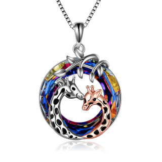 Sterling Silver Two-tone Circular Shaped Giraffe Crystal Pendant Necklace-54