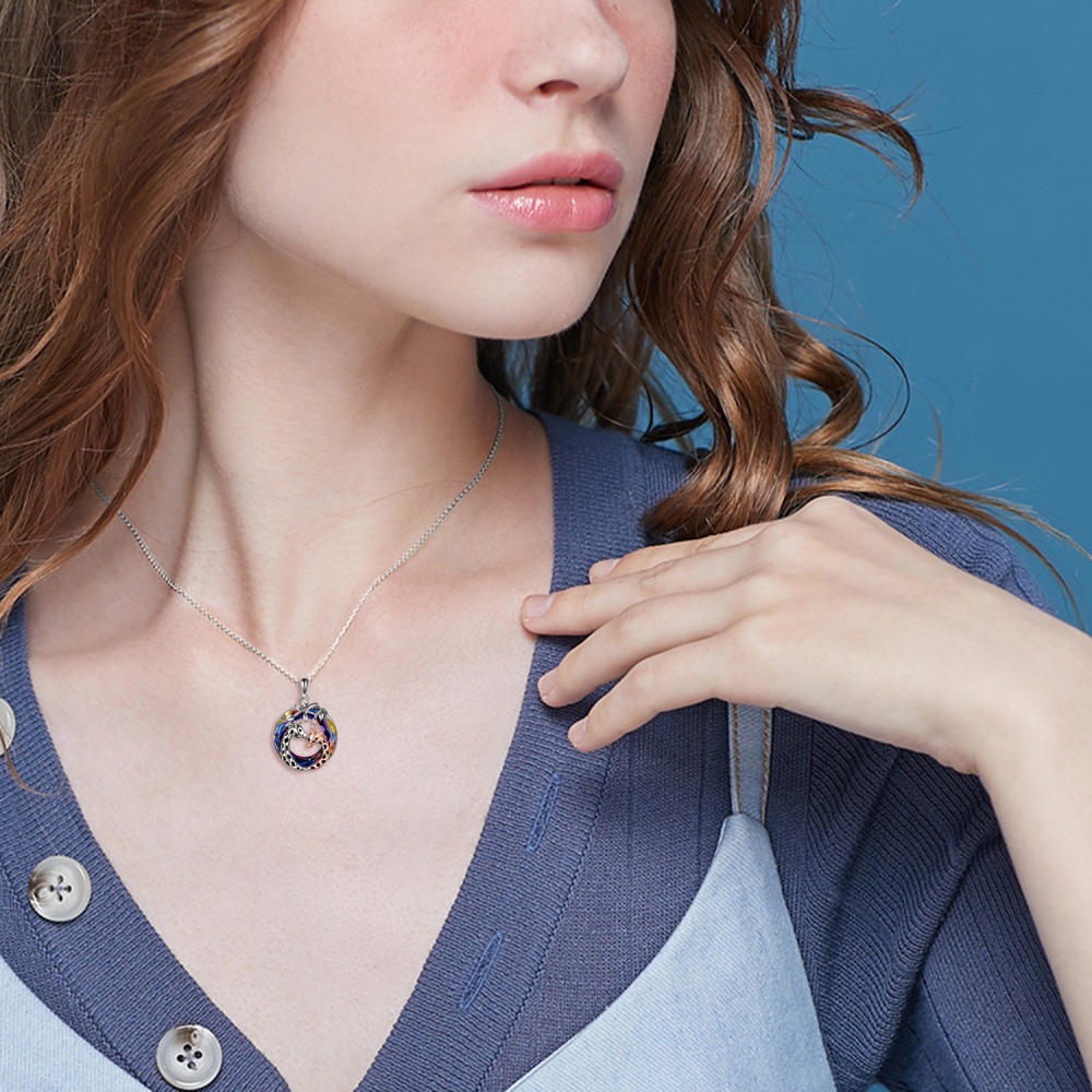 Sterling Silver Two-tone Circular Shaped Giraffe Crystal Pendant Necklace-2