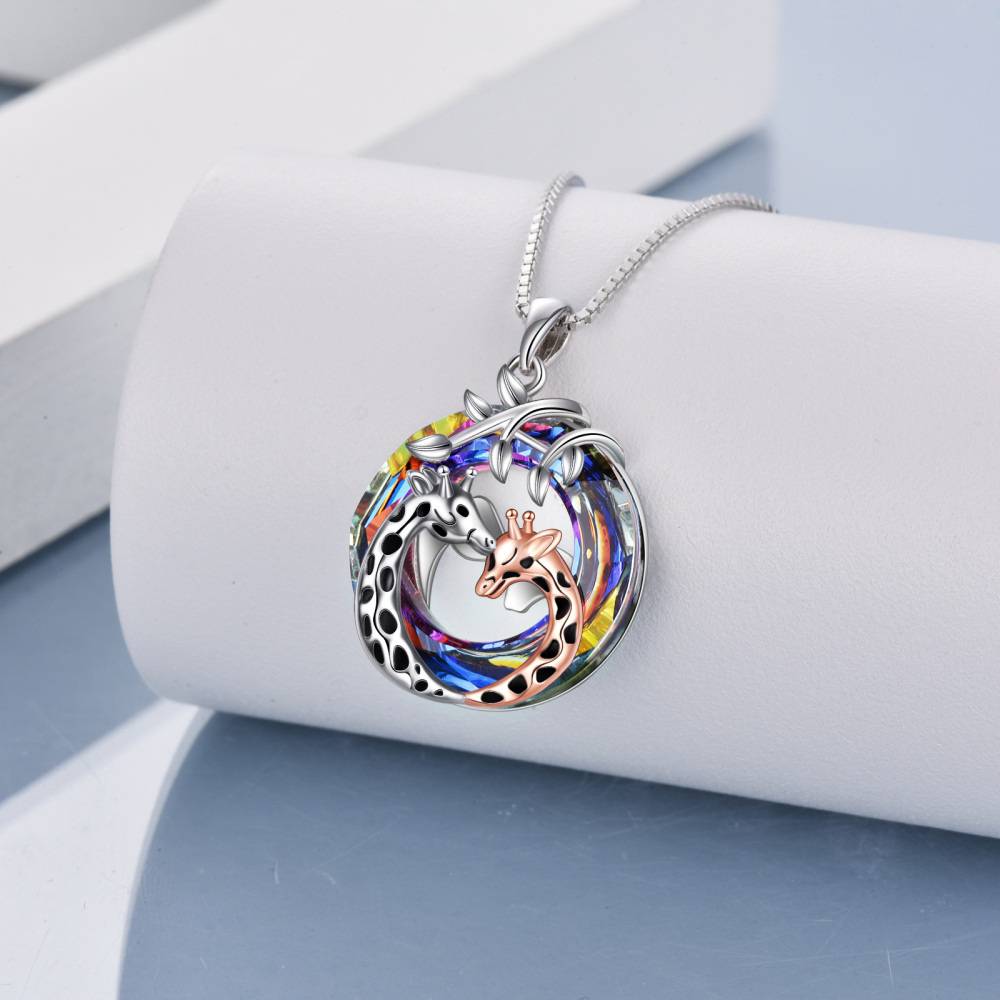 Sterling Silver Two-tone Circular Shaped Giraffe Crystal Pendant Necklace-3