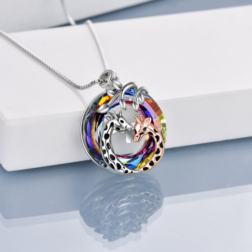Sterling Silver Two-tone Circular Shaped Giraffe Crystal Pendant Necklace-4