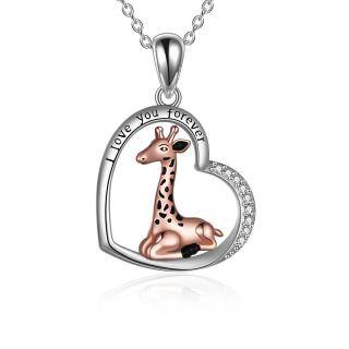 Sterling Silver Two-tone Circular Shaped Cubic Zirconia Giraffe & Heart Pendant Necklace with Engraved Word-44