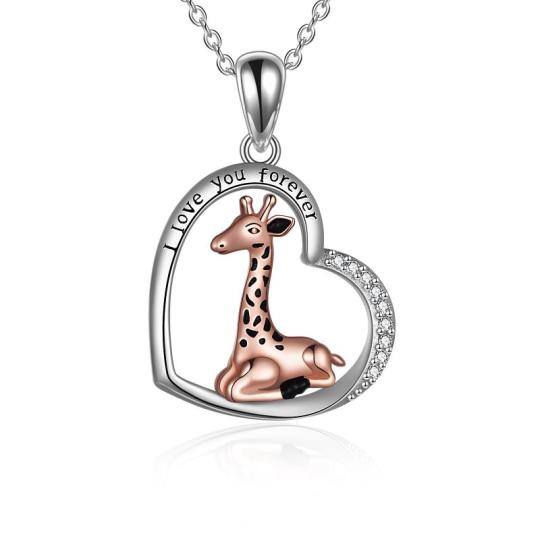 Sterling Silver Two-tone Circular Shaped Cubic Zirconia Giraffe & Heart Pendant Necklace with Engraved Word