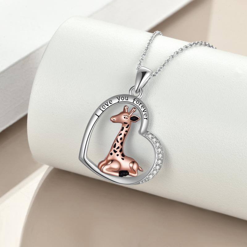 Sterling Silver Two-tone Circular Shaped Cubic Zirconia Giraffe & Heart Pendant Necklace with Engraved Word-3