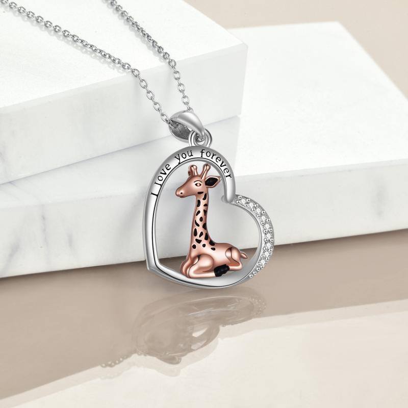 Sterling Silver Two-tone Circular Shaped Cubic Zirconia Giraffe & Heart Pendant Necklace with Engraved Word-4
