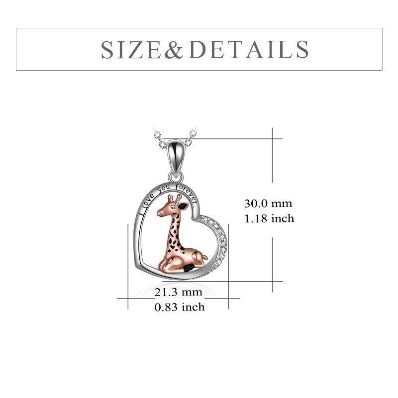 Sterling Silver Two-tone Circular Shaped Cubic Zirconia Giraffe & Heart Pendant Necklace with Engraved Word-5