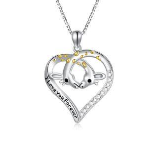 Sterling Silver Two-tone Circular Shaped Cubic Zirconia Giraffe Pendant Necklace with Engraved Word-45