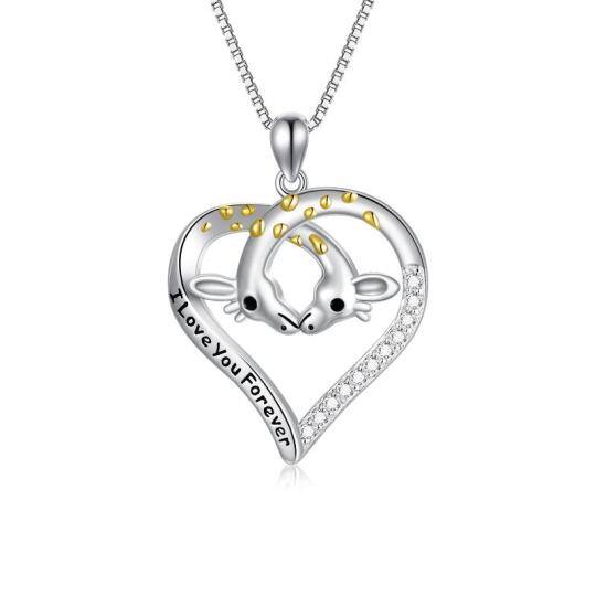 Sterling Silver Two-tone Circular Shaped Cubic Zirconia Giraffe Pendant Necklace with Engraved Word