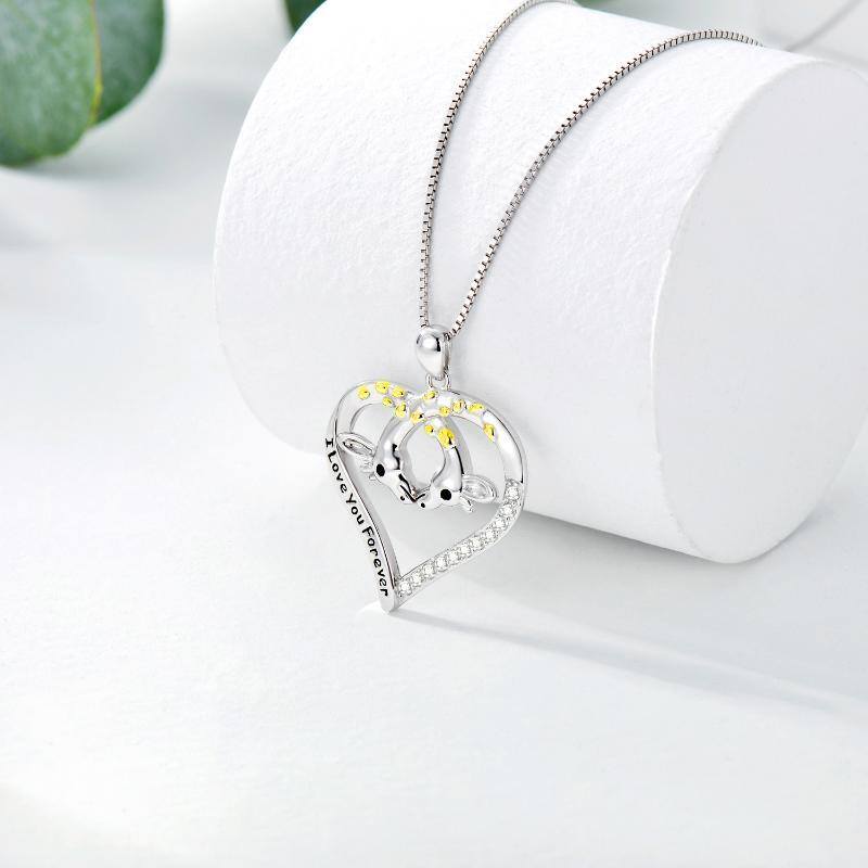 Sterling Silver Two-tone Circular Shaped Cubic Zirconia Giraffe Pendant Necklace with Engraved Word-3