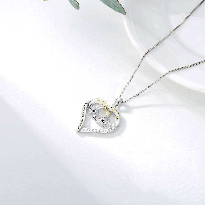 Sterling Silver Two-tone Circular Shaped Cubic Zirconia Giraffe Pendant Necklace with Engraved Word-4