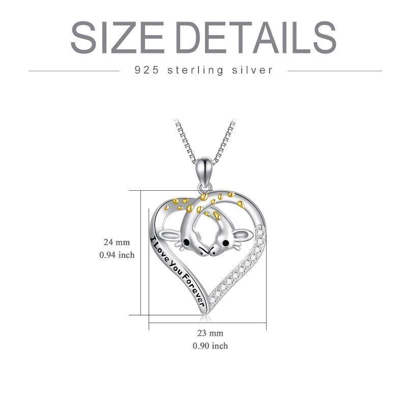 Sterling Silver Two-tone Circular Shaped Cubic Zirconia Giraffe Pendant Necklace with Engraved Word-5