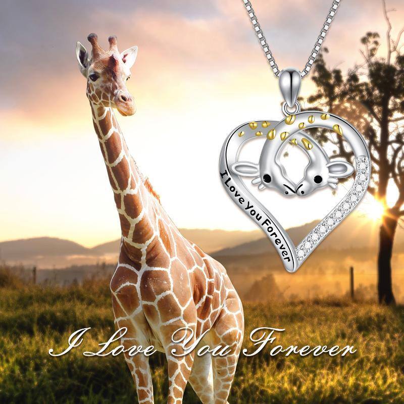 Sterling Silver Two-tone Circular Shaped Cubic Zirconia Giraffe Pendant Necklace with Engraved Word-6