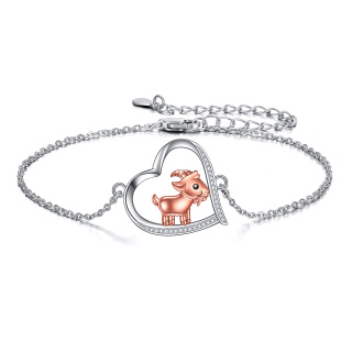 Sterling Silver Two-tone Circular Shaped Cubic Zirconia Goat & Heart Charm Bracelet-11