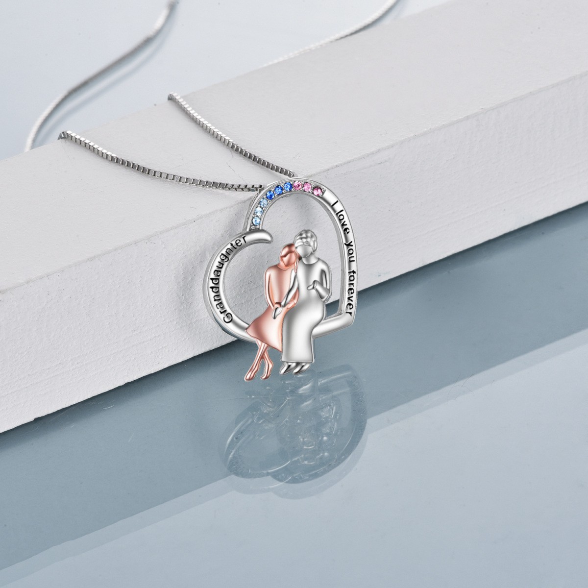 Sterling Silver Two-tone Circular Shaped Cubic Zirconia Grandmother & Heart Pendant Necklace with Engraved Word-4