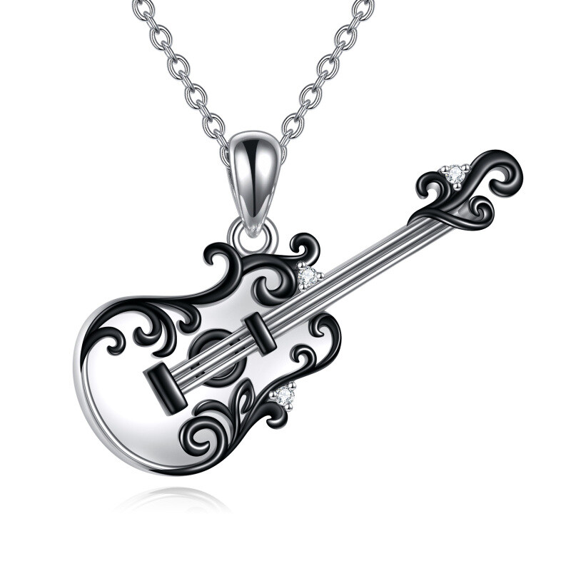 Sterling Silver Two-tone Circular Shaped Cubic Zirconia Guitar Pendant Necklace-13