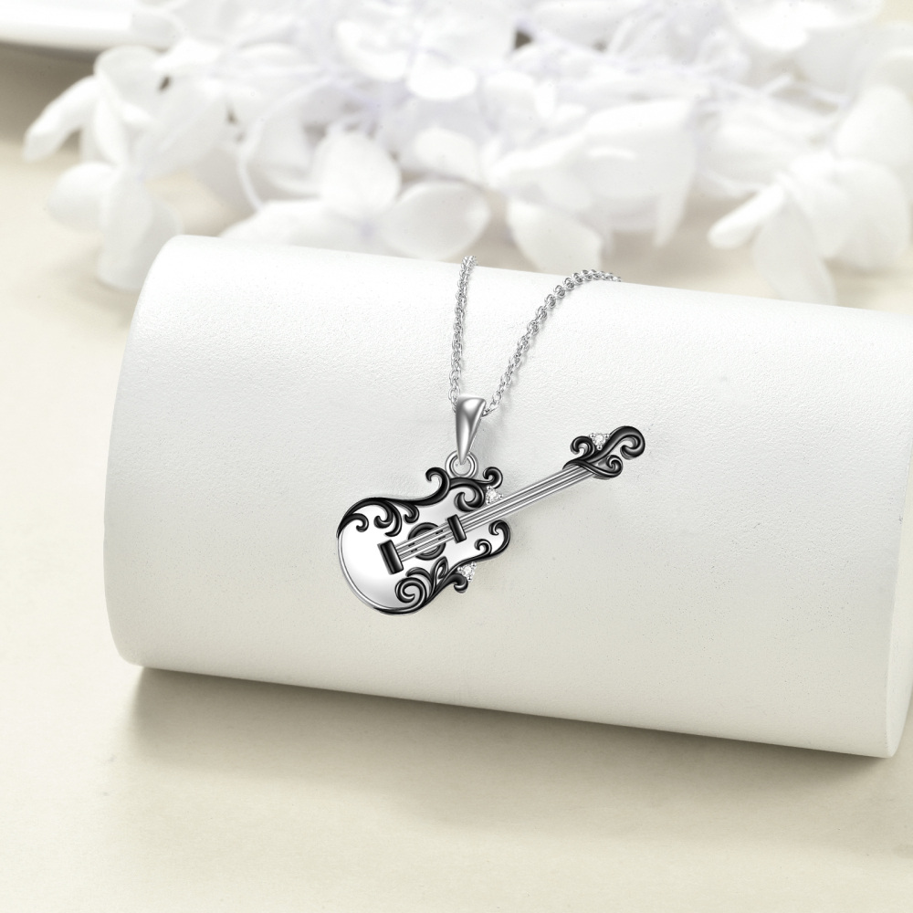Collana con ciondolo per chitarra in argento sterling bicolore a forma di cerchio con zirconi cubici-3