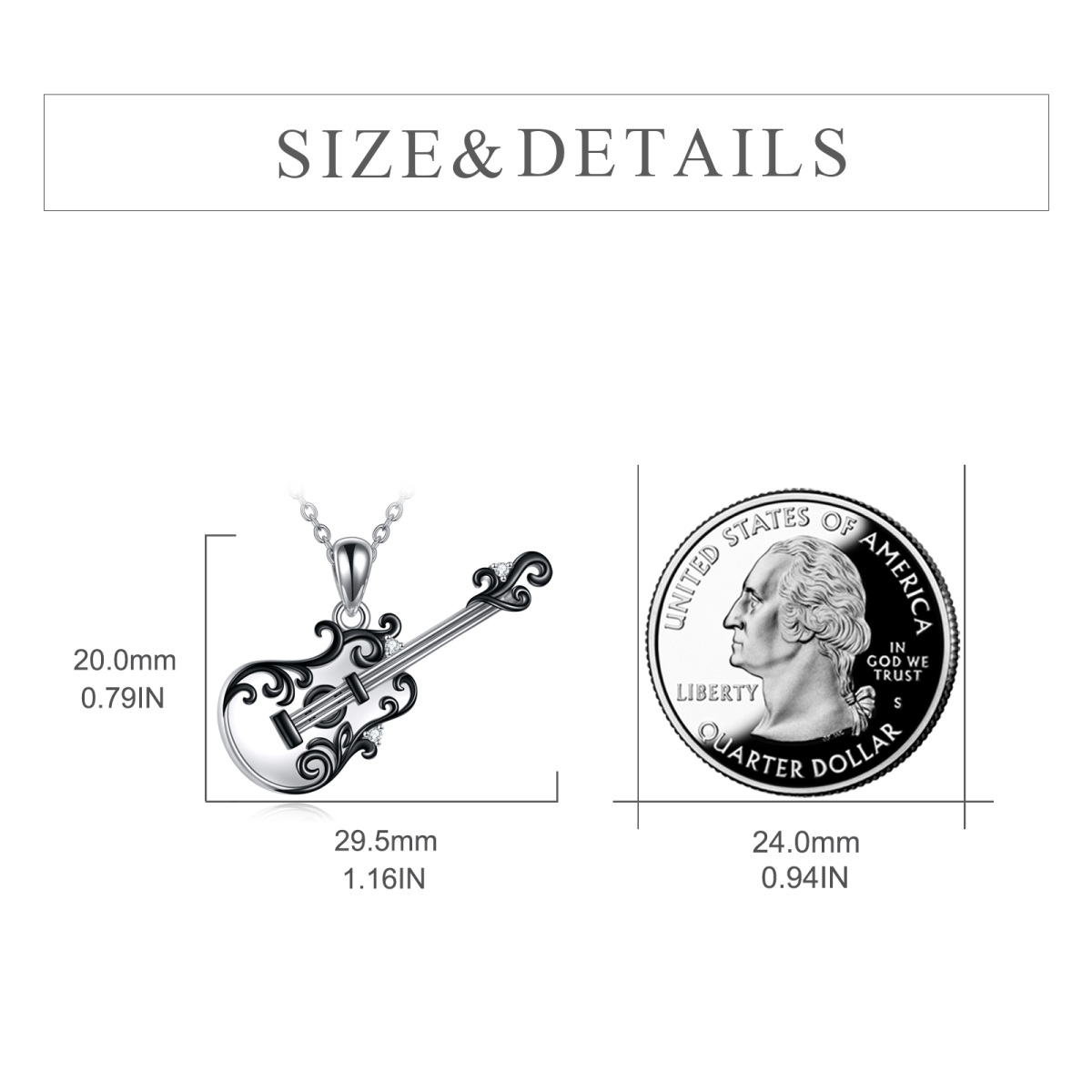 Sterling Silver Two-tone Circular Shaped Cubic Zirconia Guitar Pendant Necklace-5