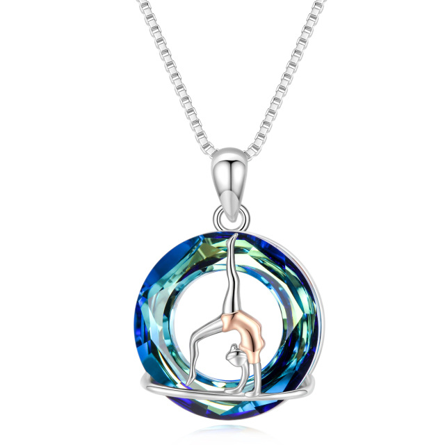 Sterling Silver Two-tone Circular Shaped Gymnast Crystal Pendant Necklace