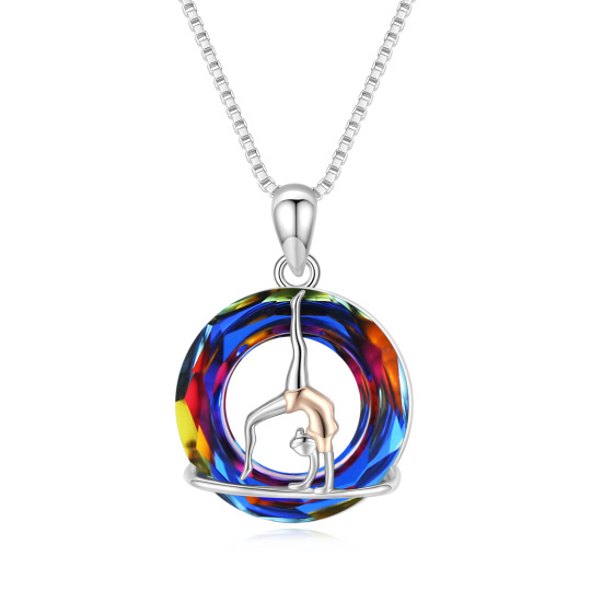 Sterling Silver Two-tone Circular Shaped Gymnast Crystal Pendant Necklace