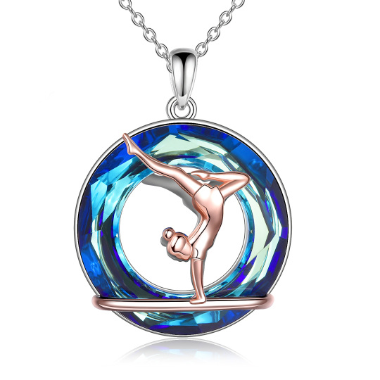 Sterling Silver Two-tone Circular Shaped Gymnastics Girl Crystal Pendant Necklace