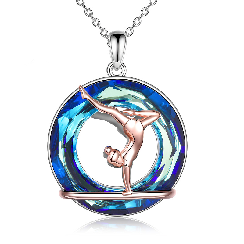 Sterling Silver Two-tone Circular Shaped Gymnastics Girl Crystal Pendant Necklace-3