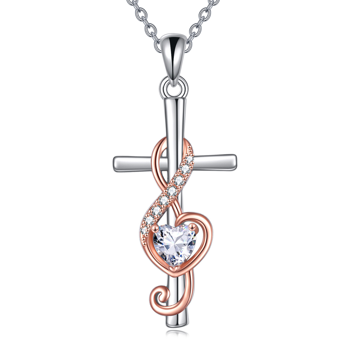 Sterling Silver Two-Tone Heart Cubic Zirconia Cross & Music Symbol Pendant Necklace For Women Best Friends-1