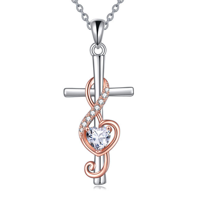 Sterling Silver Two-tone Circular Shaped & Heart Shaped Cubic Zirconia Cross & Heart & Music Symbol Pendant Necklace-3