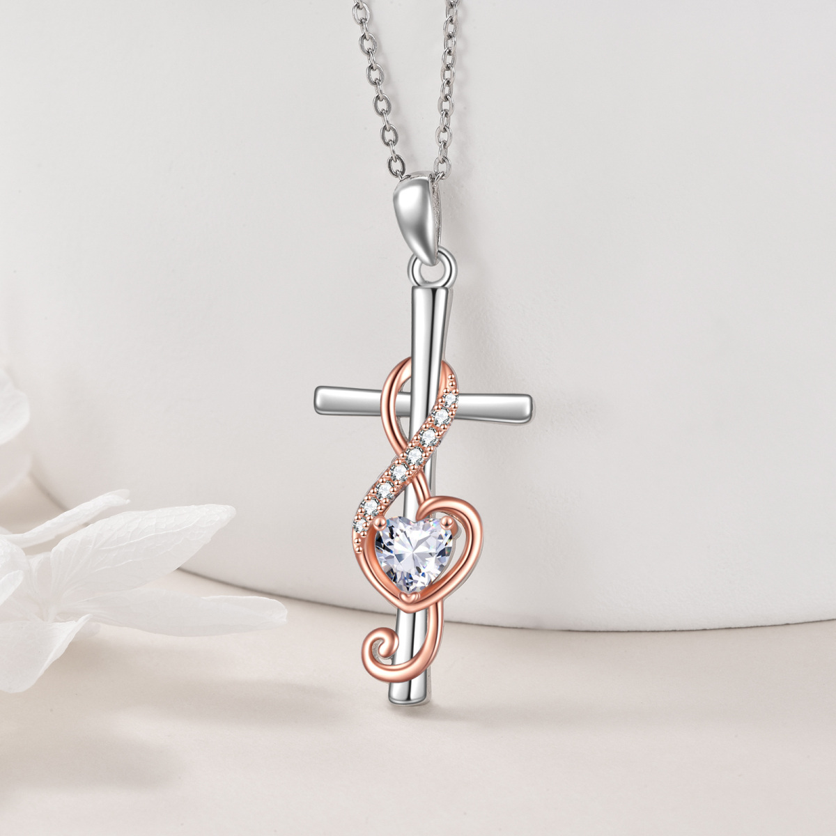 Sterling Silver Two-Tone Heart Cubic Zirconia Cross & Music Symbol Pendant Necklace For Women Best Friends-3