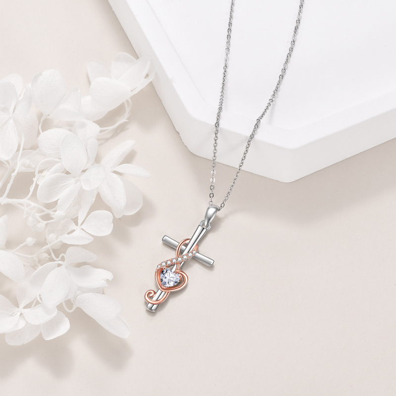 Sterling Silber, zweifarbig, Herz, Zirkonia, Kreuz & Musiksymbol, Anhänger, Halskette, für-4
