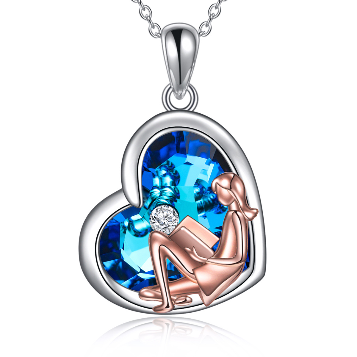 Sterling Silver Blue Heart Cut Crystal Reading Girl Pendant Necklace-1