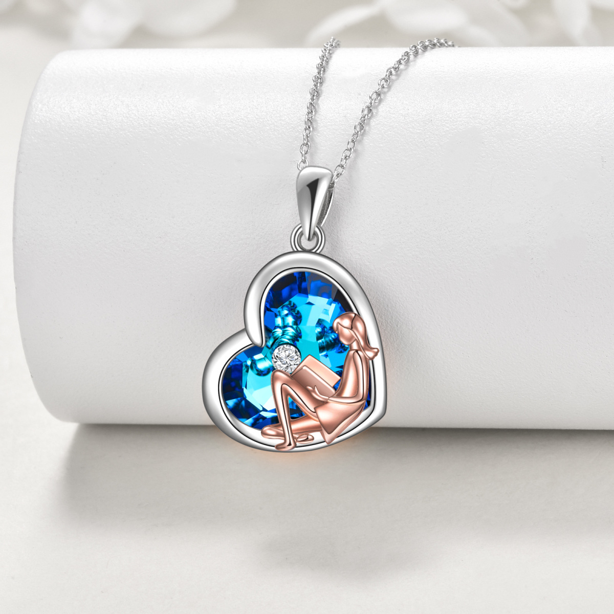 Sterling Silver Blue Heart Cut Crystal Reading Girl Pendant Necklace-3