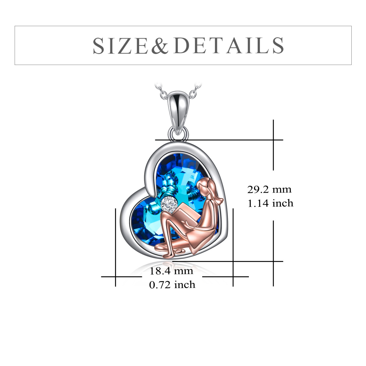 Sterling Silver Blue Heart Cut Crystal Reading Girl Pendant Necklace-5