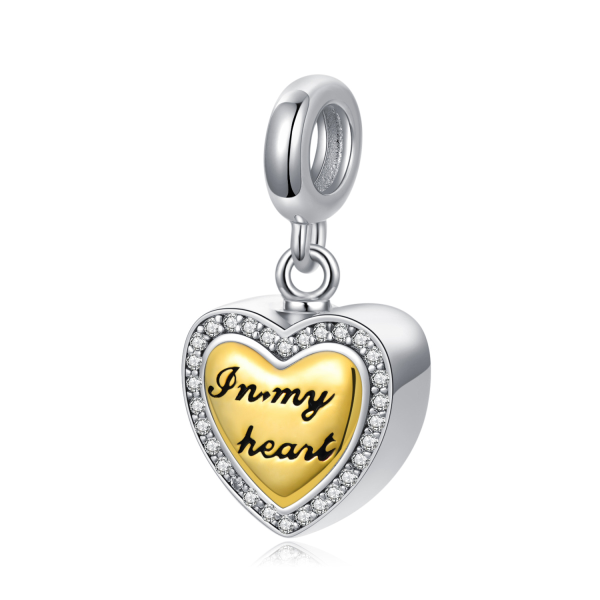 Sterling Silver Two-tone Circular Shaped Cubic Zirconia Heart Dangle Charm with Engraved Word-3