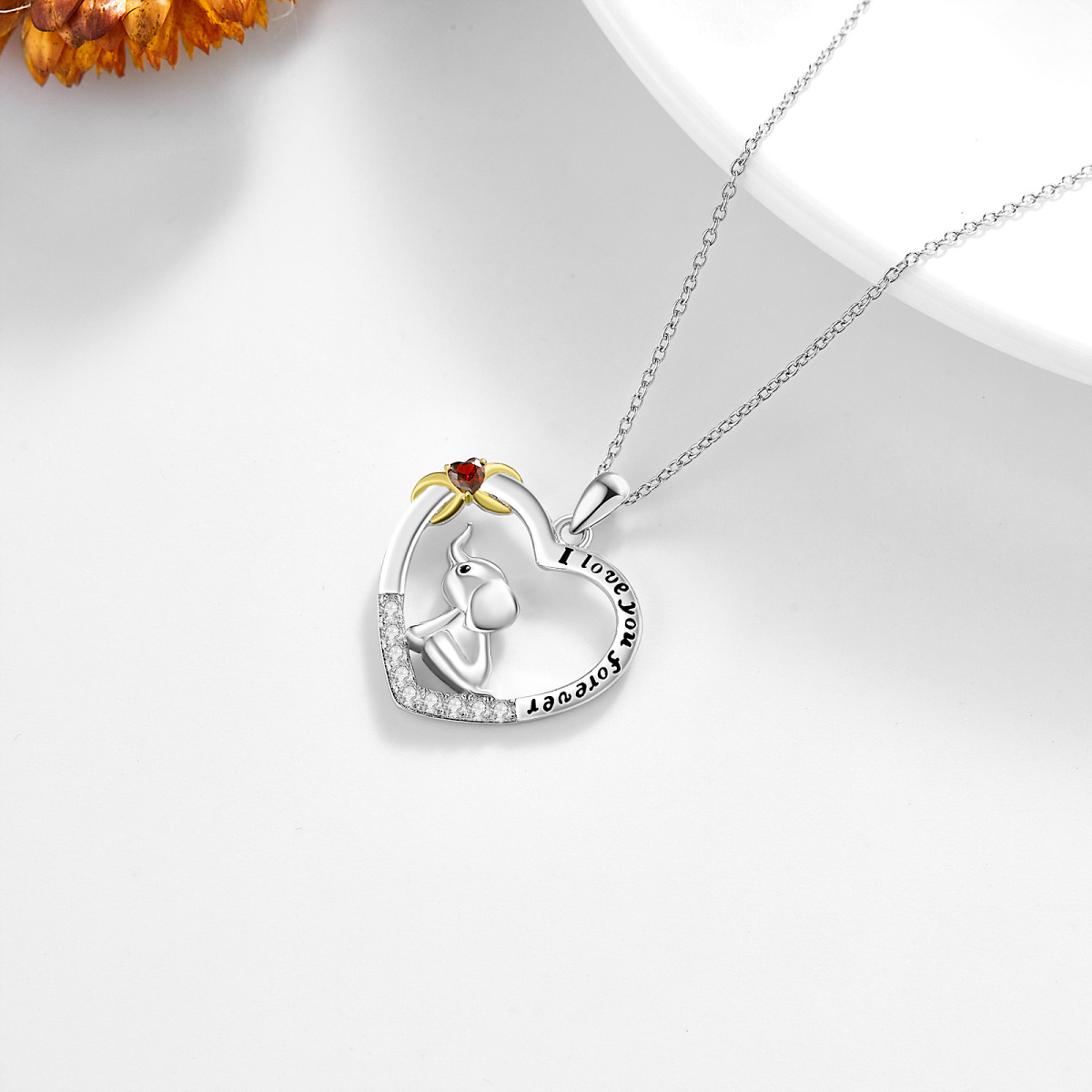 Collana in argento sterling bicolore con ciondolo a forma di cuore, elefante e simbolo del-4