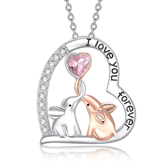 Sterling Silver Two-tone Circular Shaped & Heart Shaped Cubic Zirconia Elephant & Heart Pendant Necklace with Engraved Word