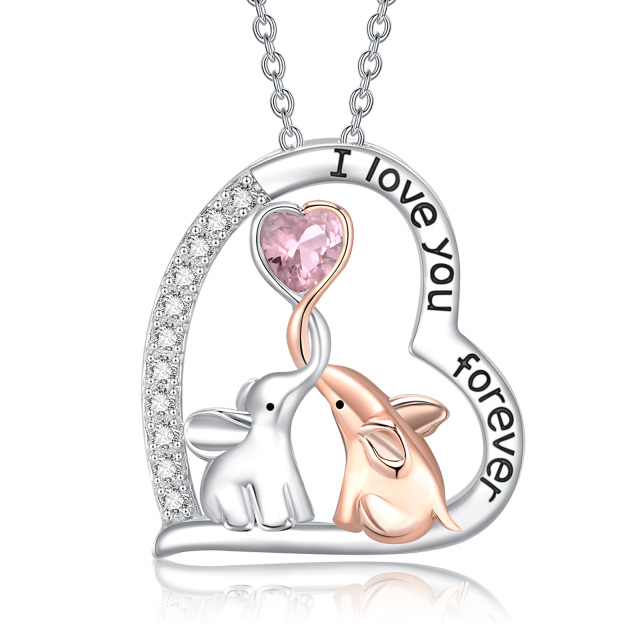 Sterling Silver Two-tone Circular Shaped & Heart Shaped Cubic Zirconia Elephant & Heart Pendant Necklace with Engraved Word-2