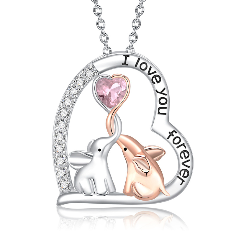 Sterling Silver Two-Tone Circular Zirconia Elephant Pendant Necklace With Engraved Word For Women-11