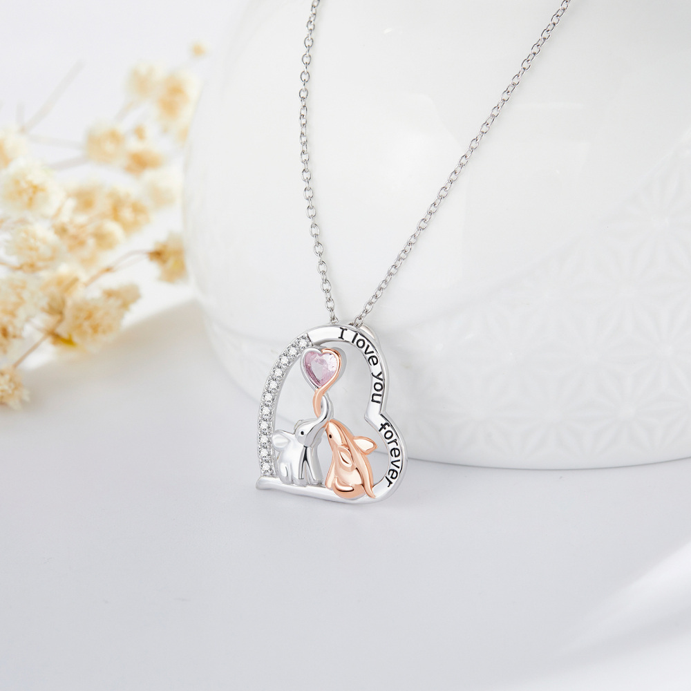 Sterling Silver Two-Tone Circular Zirconia Elephant Pendant Necklace With Engraved Word For Women-3