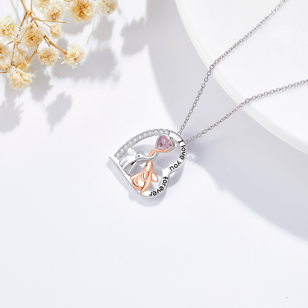 Sterling Silver Two-Tone Circular Zirconia Elephant Pendant Necklace With Engraved Word For Women-4