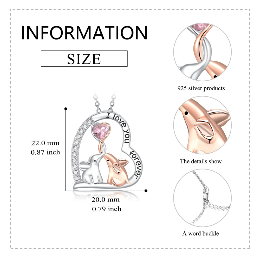 Sterling Silver Two-Tone Circular Zirconia Elephant Pendant Necklace With Engraved Word For Women-5