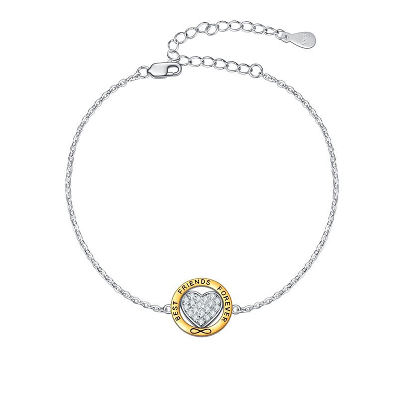 Sterling Silver Two-tone Circular Shaped Cubic Zirconia Heart & Infinity Symbol Charm Bracelet with Engraved Word-1