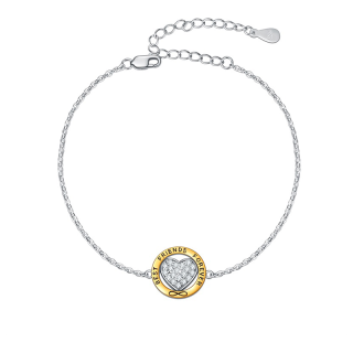 Sterling Silver Two-tone Circular Shaped Cubic Zirconia Heart & Infinity Symbol Charm Bracelet with Engraved Word-6