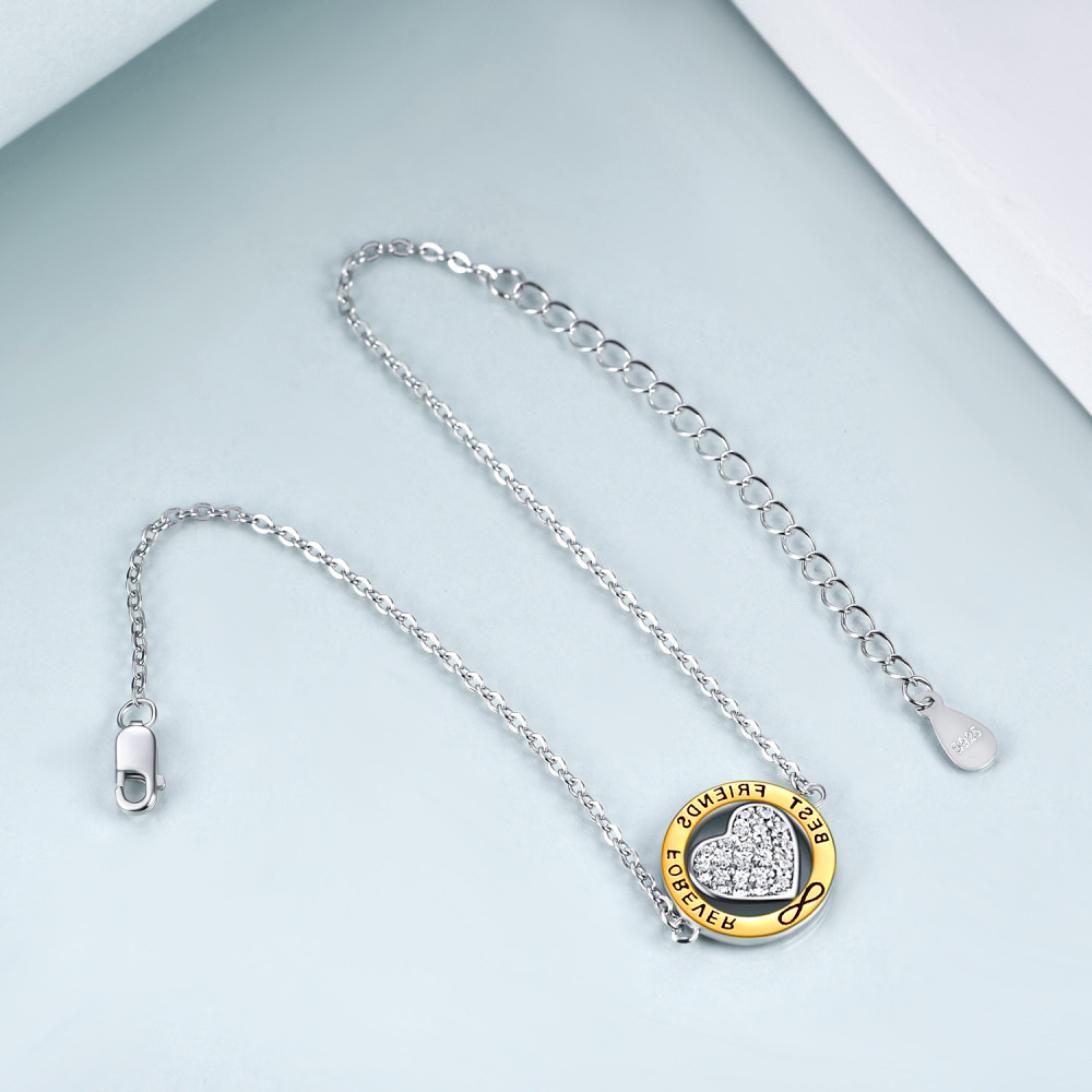Sterling Silver Two-tone Circular Shaped Cubic Zirconia Heart & Infinity Symbol Charm Bracelet with Engraved Word-2