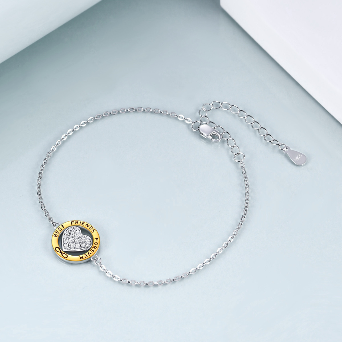 Pulsera colgante de plata de ley con forma circular de circonita, corazón y símbolo del in-3