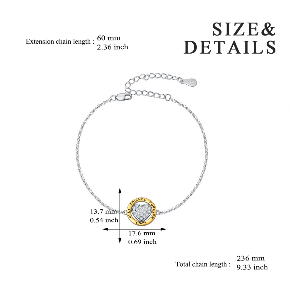 Sterling Silver Two-tone Circular Shaped Cubic Zirconia Heart & Infinity Symbol Charm Bracelet with Engraved Word-4