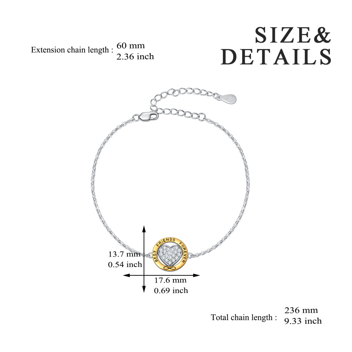 Sterling Silver Two-tone Circular Shaped Cubic Zirconia Heart & Infinity Symbol Pendant Bracelet with Engraved Word-4