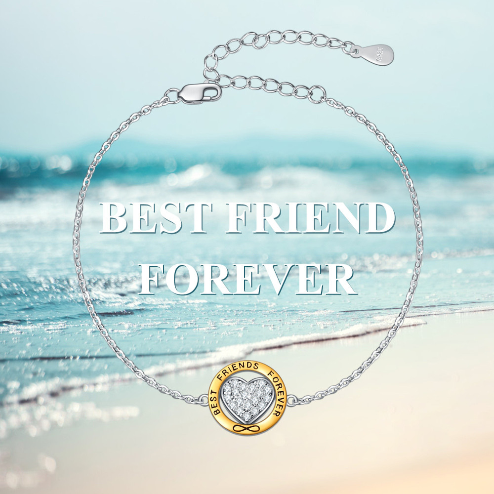 Sterling Silver Two-tone Circular Shaped Cubic Zirconia Heart & Infinity Symbol Charm Bracelet with Engraved Word-5